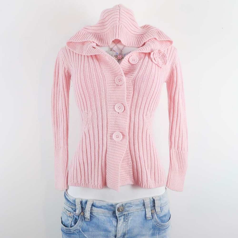 y2k pink hooded knit cardigan coquette